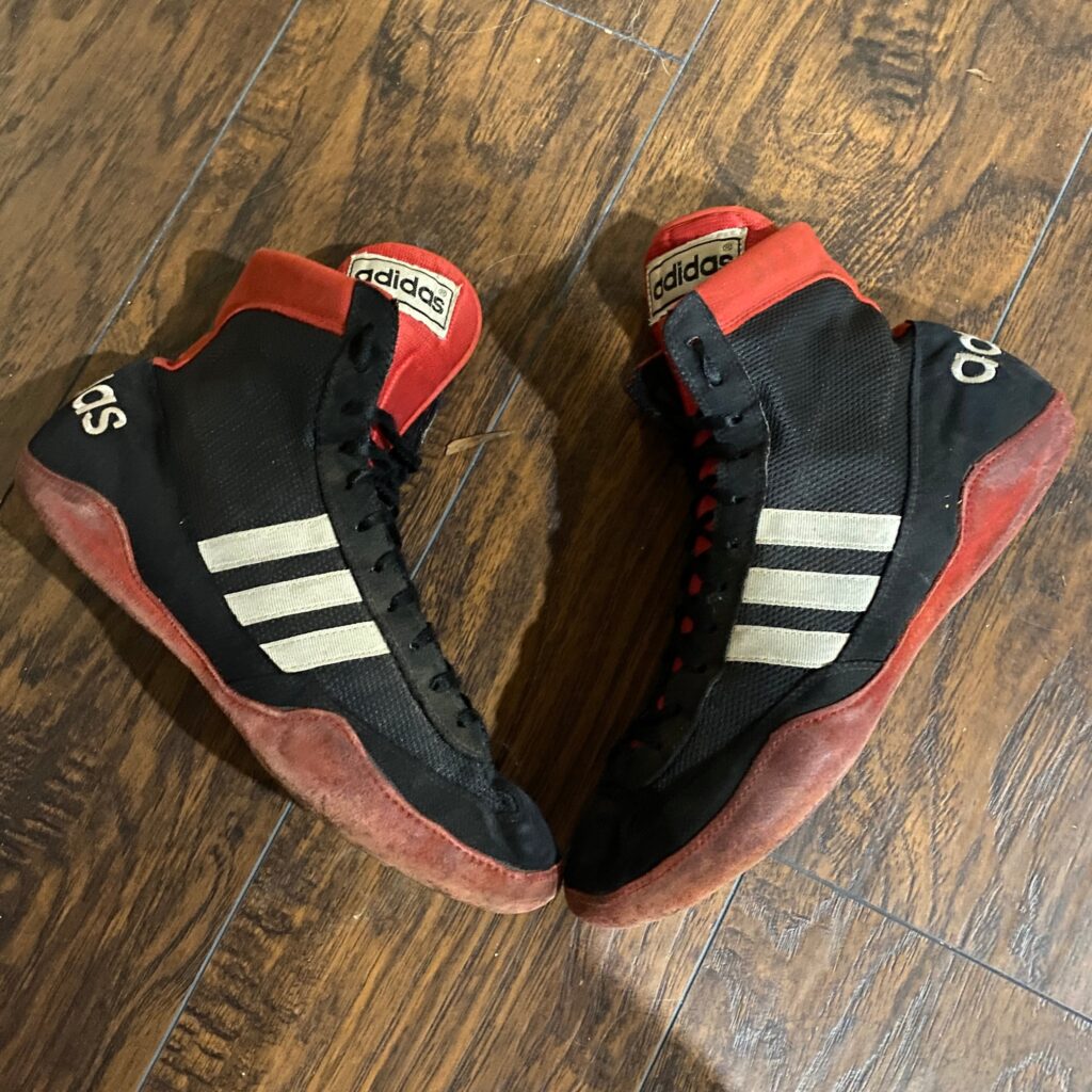 black red and white adidas original combat speed wrestling shoes
