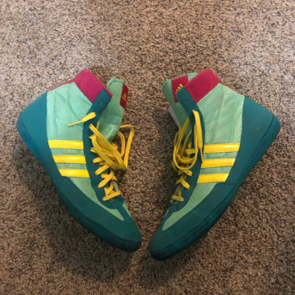 teal pink and yellow adidas combat speed 4 wrestling shoes