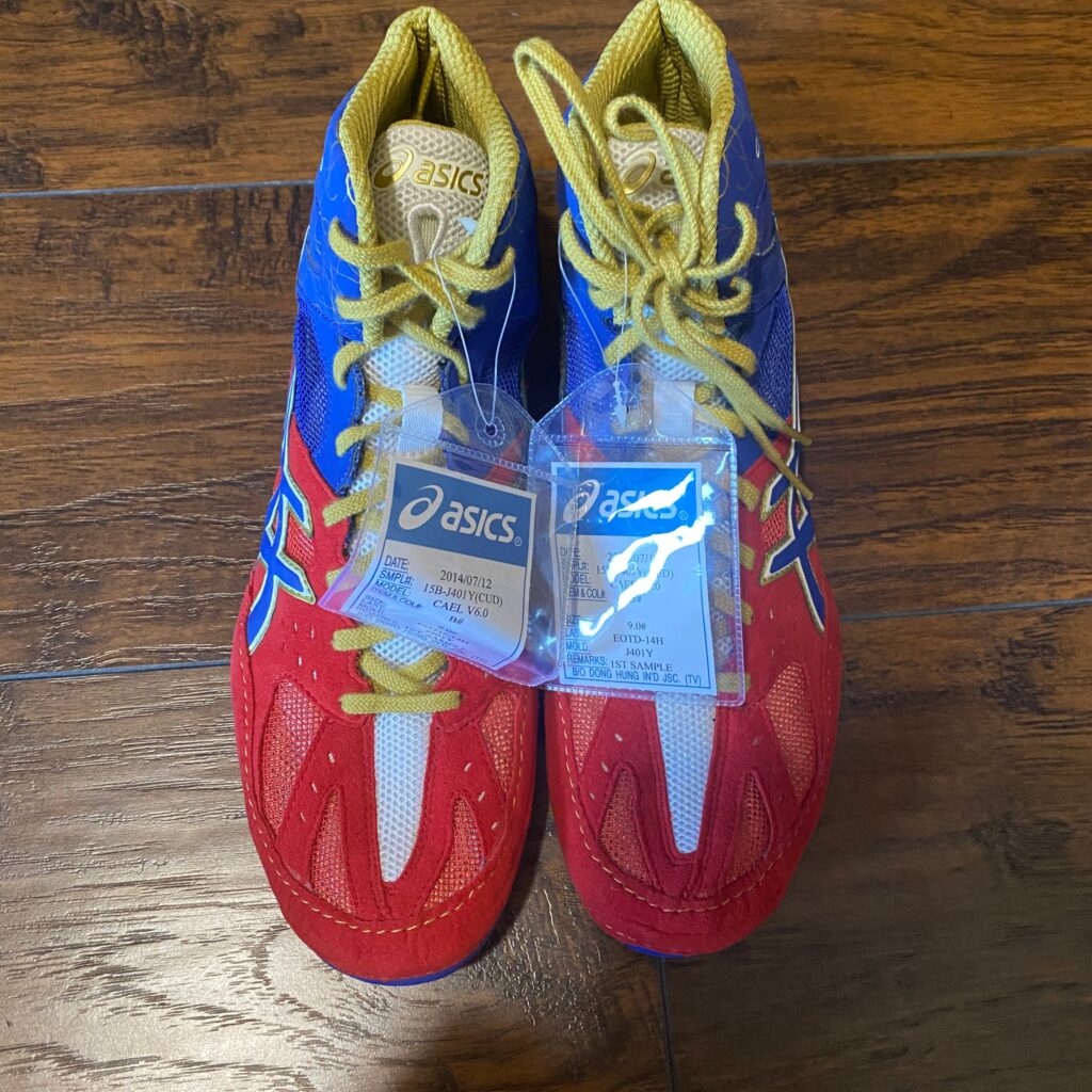 Sample Red, White, Blue, and Gold Cael V6 Wrestling Shoes