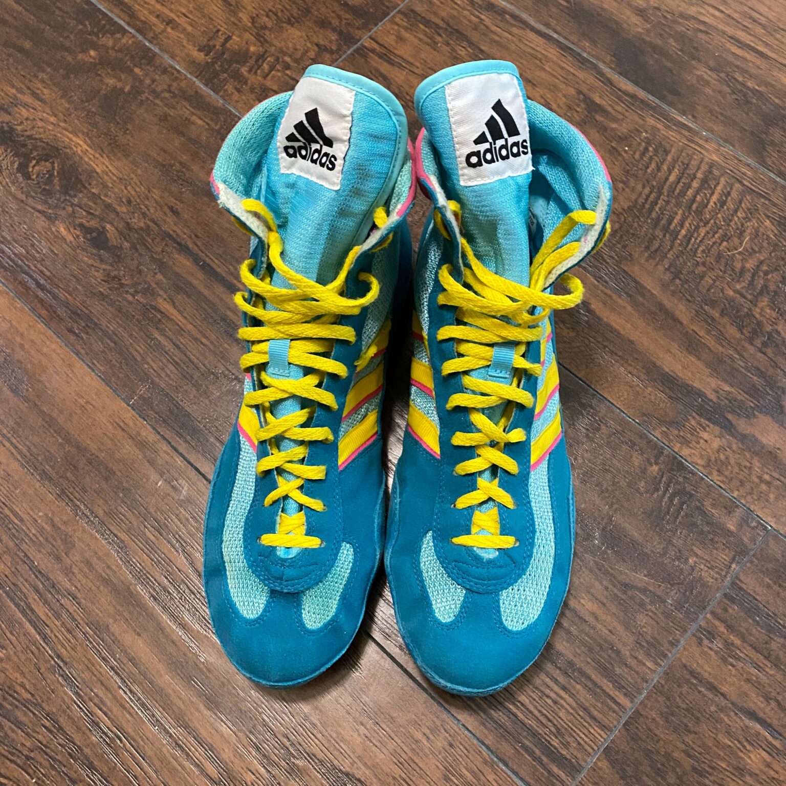 Adidas Teal, Pink, and Yellow Combat Speed 2 Wrestling Shoes Rare Wrestling Shoes