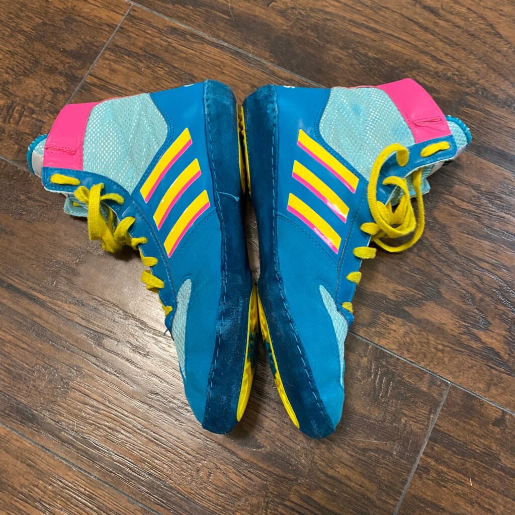 Adidas Teal, Pink, and Yellow Combat Speed 5 Wrestling Shoes