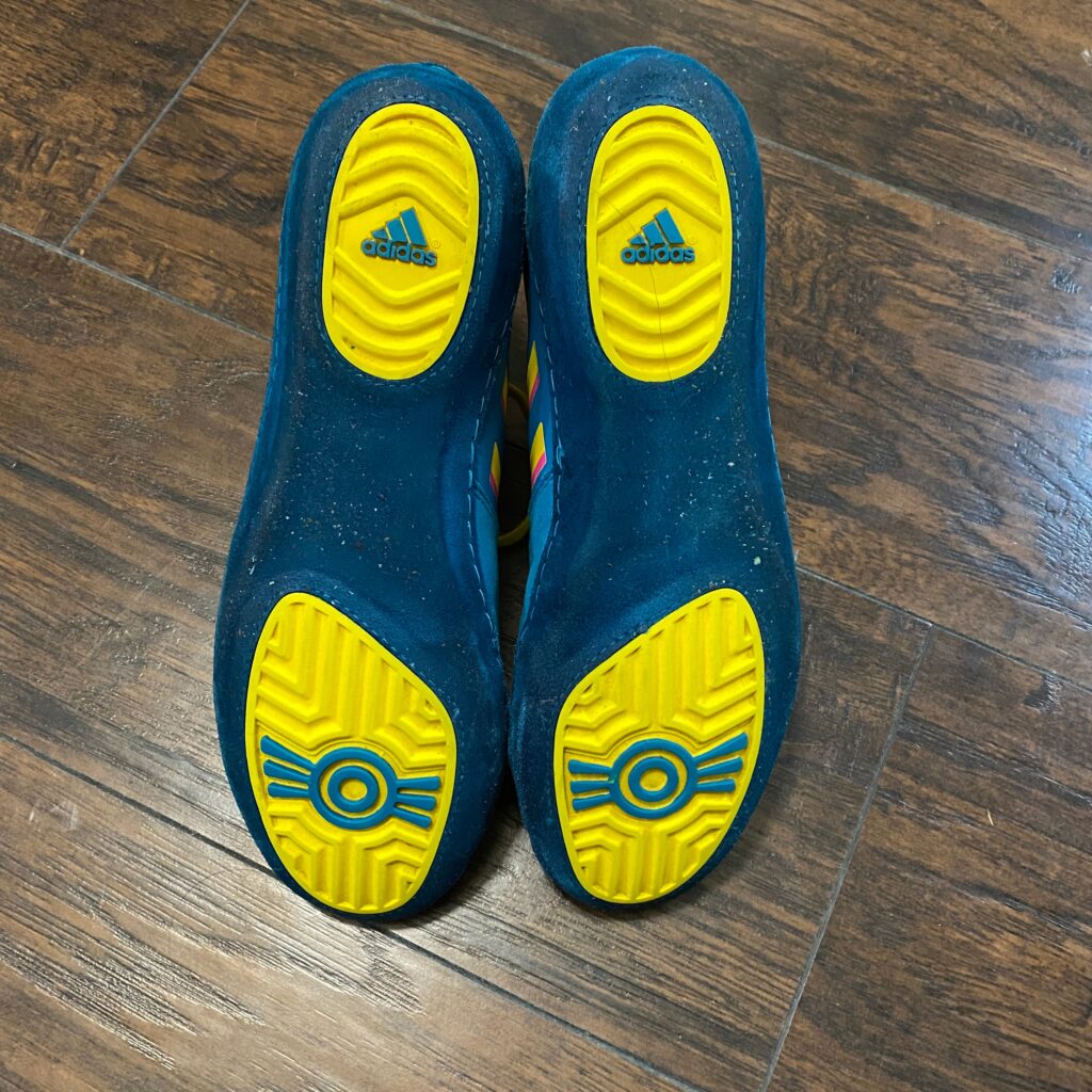 Adidas Teal, Pink, and Yellow Combat Speed 5 Wrestling Shoes