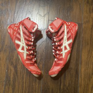 red white and gold asics omniflex pursuit wrestling shoes
