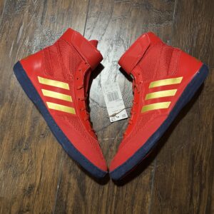 red gold and blue adidas combat speed 5 wrestling shoes