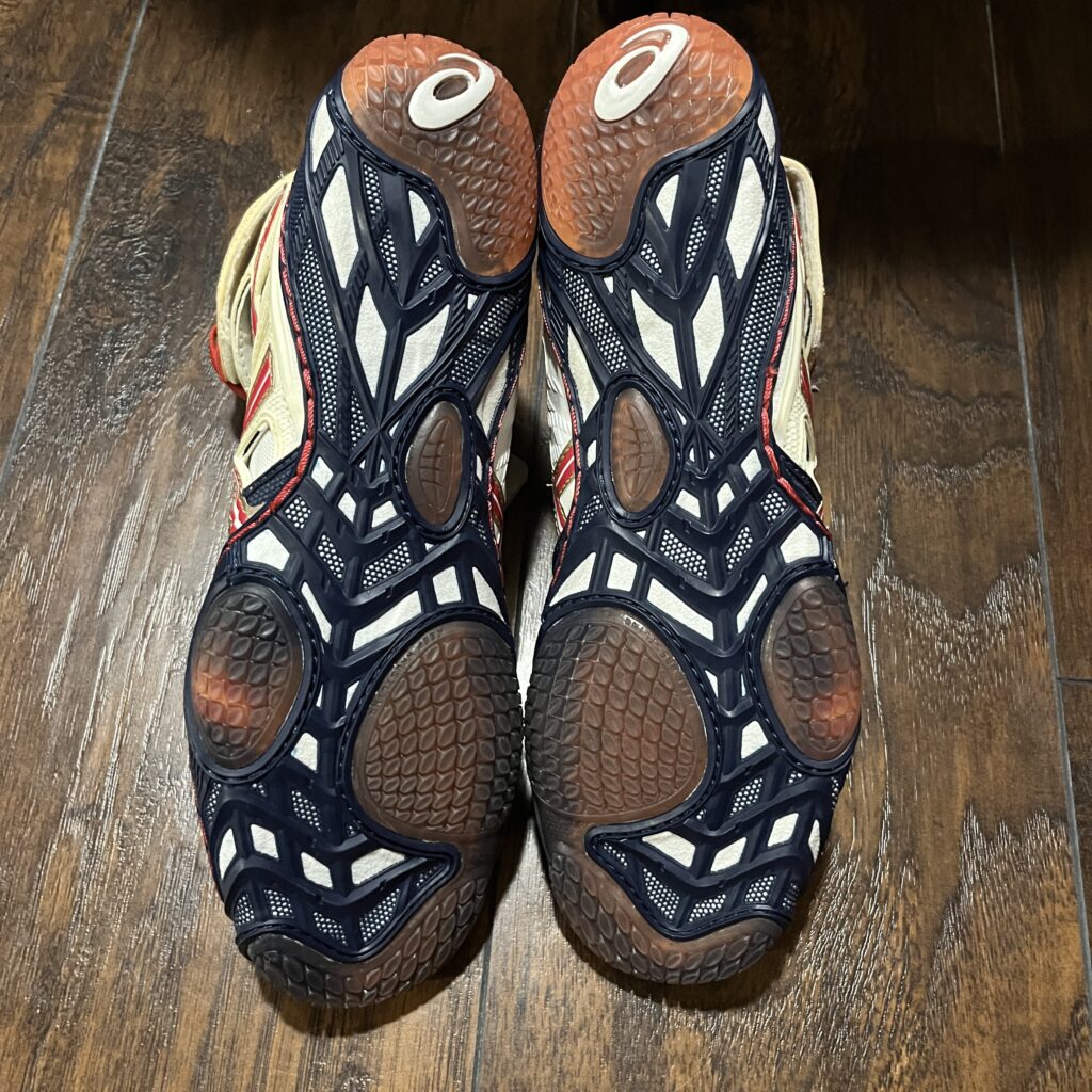 red white and blue asics wrestling shoes