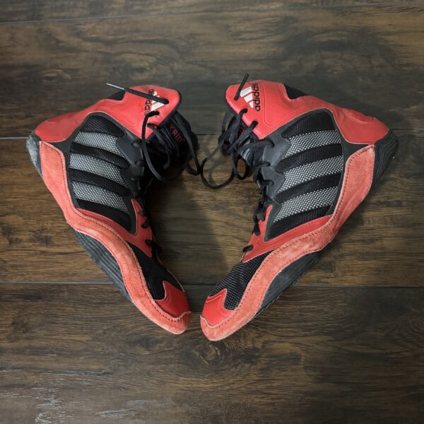 red black and white adidas akrid wrestling shoes