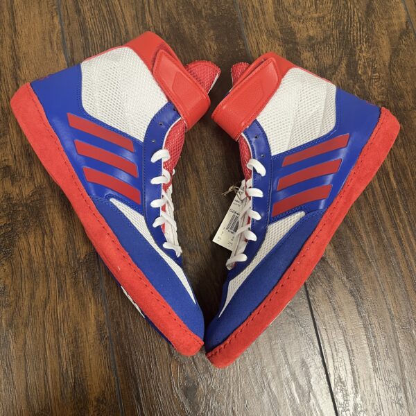red white and blue adidas combat speed 5 wrestling shoes